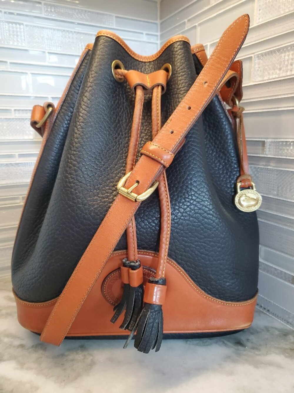 Vintage Dooney & Bourke 90s  Drawstring Bucket Bag Black & BritisTan